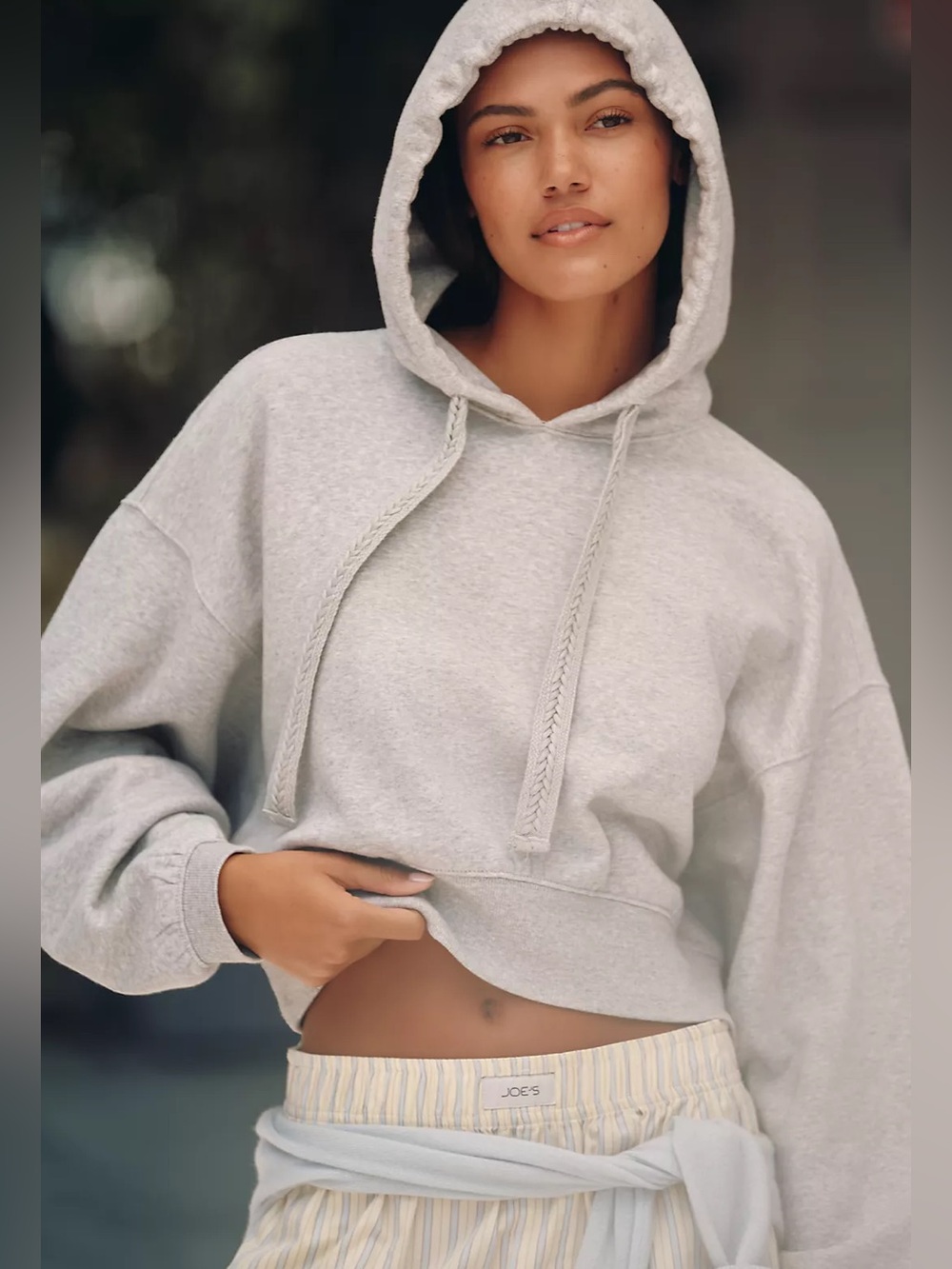 Anthropologie Daily Practice Plie Hoodie Cropped Gray Braided Drawstring NEW